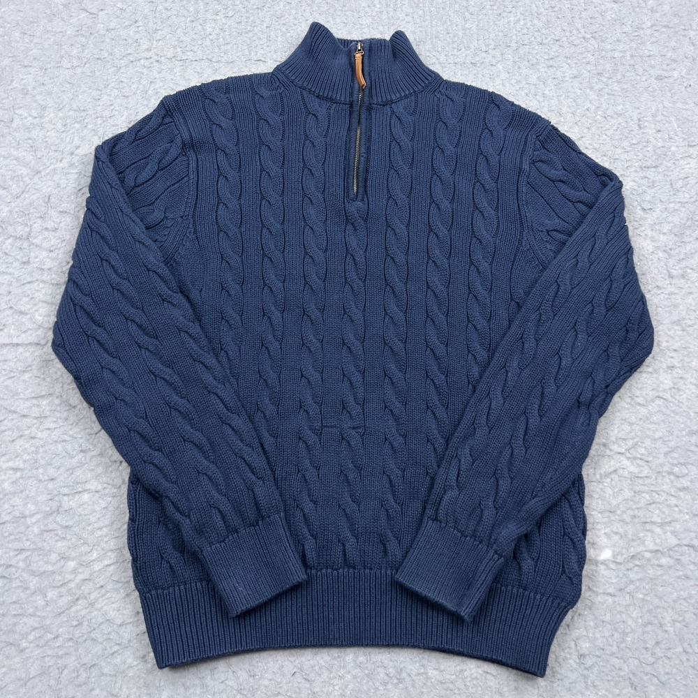 J Crew Sweater Men's Medium Blue Cable Knit Half 1/4‎ Zip Pullover Cotton Preppy